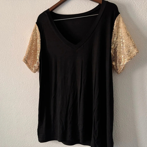Sequin Short Sleeve Tee V Neck T Shirt Glitter Sparkles Loose Blouse Top 2XL - Picture 9 of 11